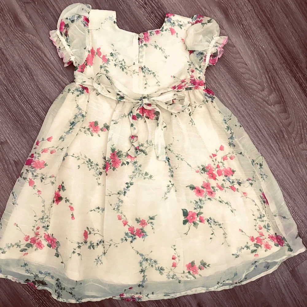 Little Lindsey 4T Vintage Floral Chiffon Dress Yellow Pink Rosettes ribbon